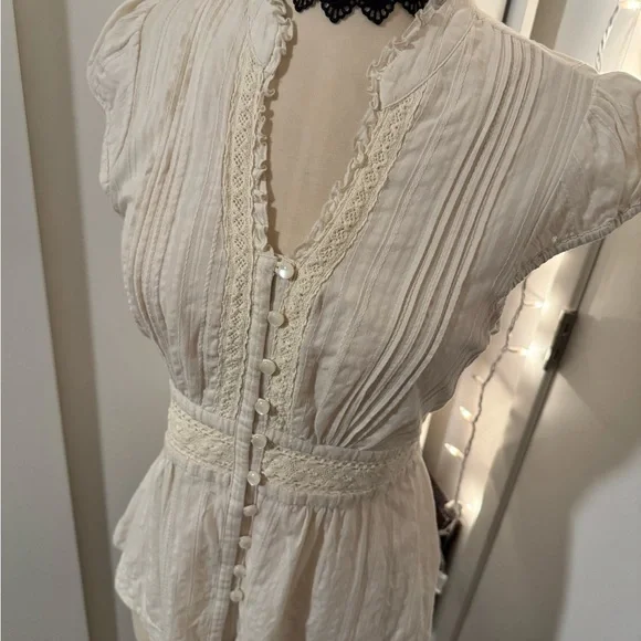 Anthropologie Elegant Cream Lace Trim Blouse - Picture 7 of 8
